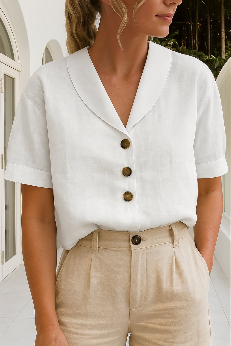 Women's Short-Sleeve Button-Down Collared Blouse in Relaxed Fit