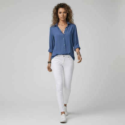Women's Collared Long-Sleeve Button-Up Loose Shirt