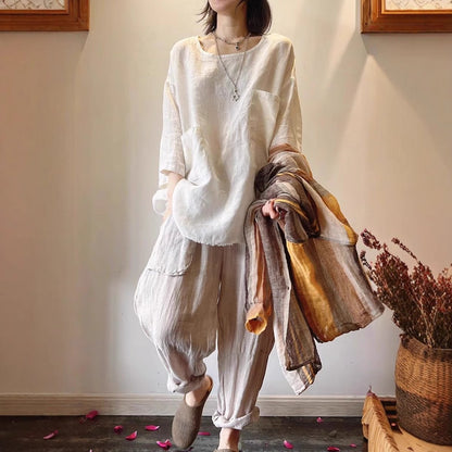 Women's Relaxed Linen Tunic Shirt with Patch Pockets