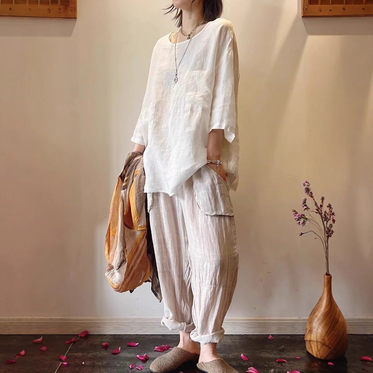 Women's Relaxed Linen Tunic Shirt with Patch Pockets