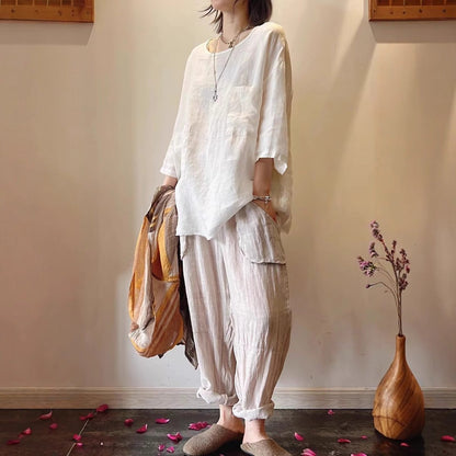 Women's Relaxed Linen Tunic Shirt with Patch Pockets