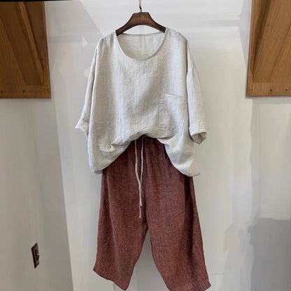 Women's Relaxed Linen Tunic Shirt with Patch Pockets