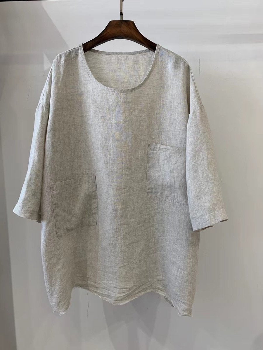 Women's Relaxed Linen Tunic Shirt with Patch Pockets