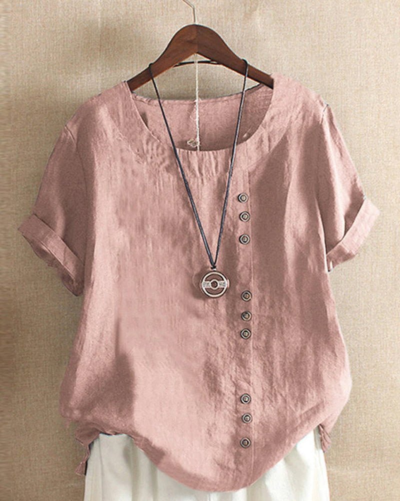 Loose Linen Tunic Top with Button Accents for Women