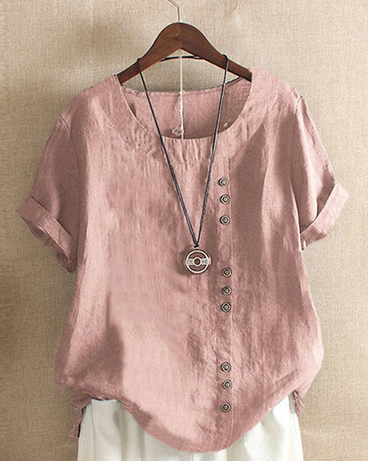 Loose Linen Tunic Top with Button Accents for Women