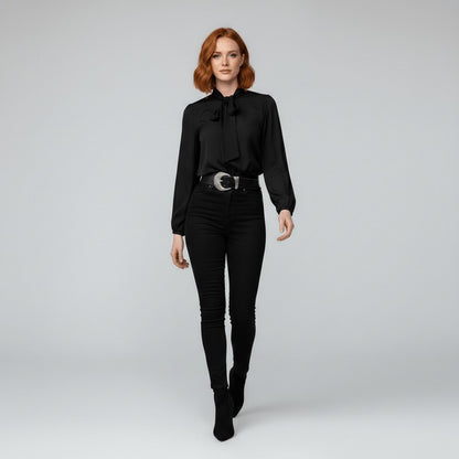 Women's Loose-Fit Long-Sleeve Blouse with Bow Detail