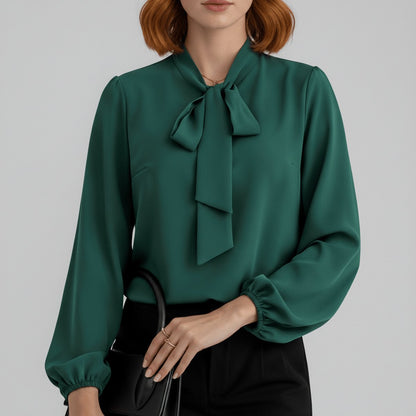 Women's Loose-Fit Long-Sleeve Blouse with Bow Detail