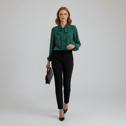 Women's Loose-Fit Long-Sleeve Blouse with Bow Detail
