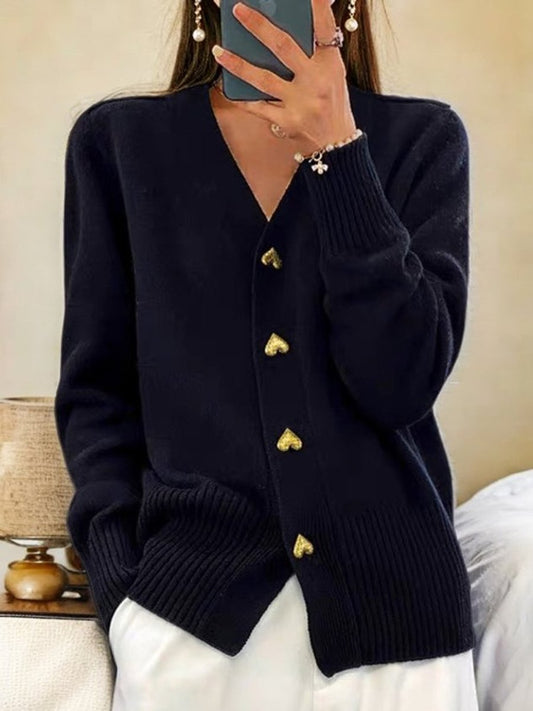 Women's Loose V-Neck Knitted Cardigan with Gold Heart Buttons