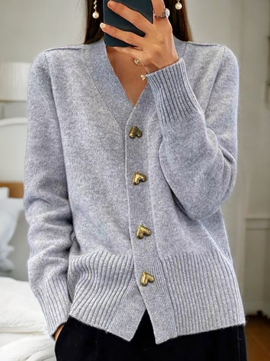 Women's Loose V-Neck Knitted Cardigan with Gold Heart Buttons
