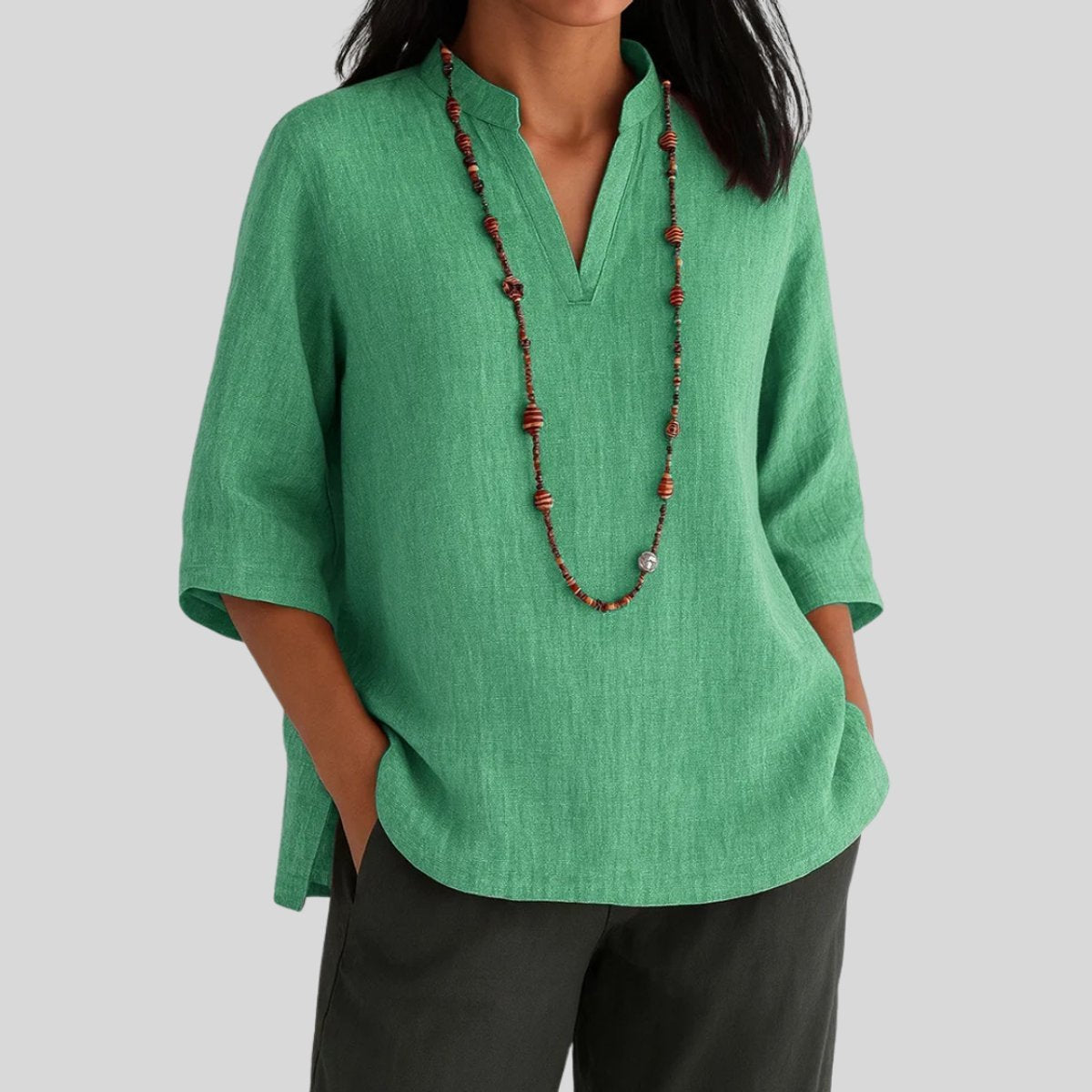 Women's 3/4-Sleeve V-Neck Linen Loose Tunic Top