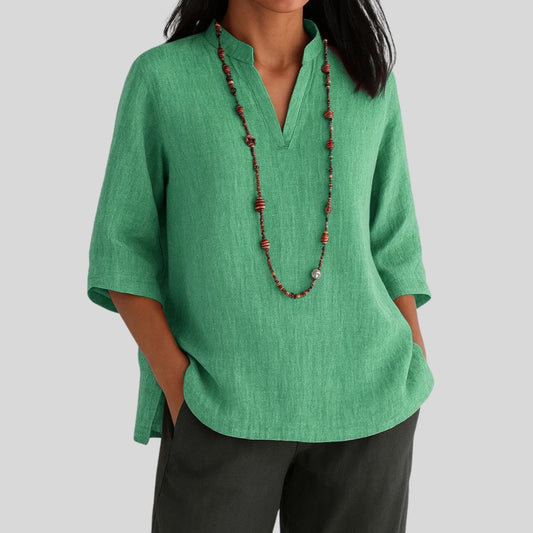 Women's 3/4-Sleeve V-Neck Linen Loose Tunic Top