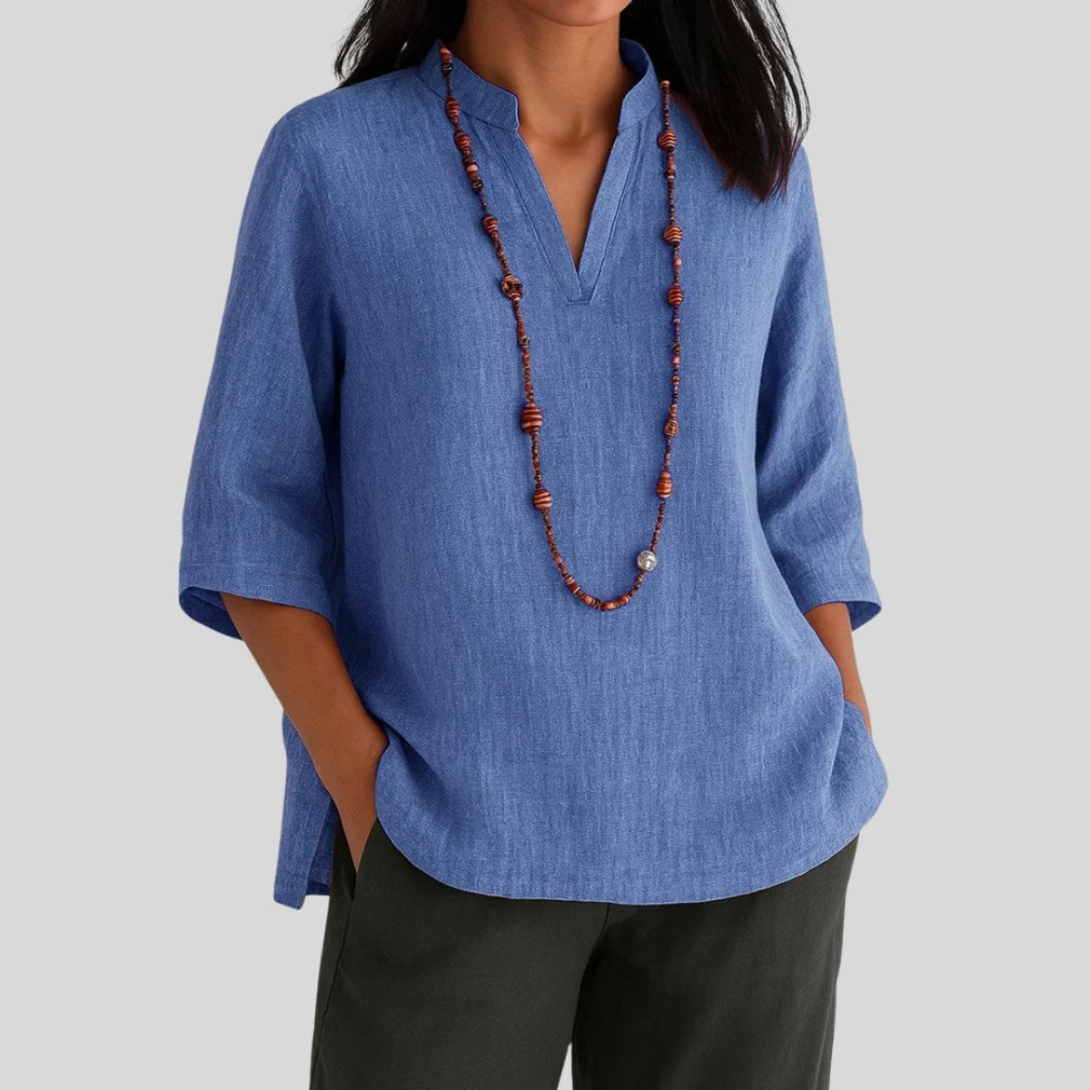 Women's 3/4-Sleeve V-Neck Linen Loose Tunic Top