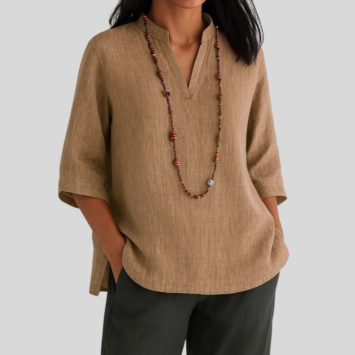 Women's 3/4-Sleeve V-Neck Linen Loose Tunic Top