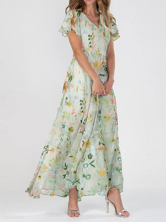 Women's Floral Print V-Neck Maxi Dress