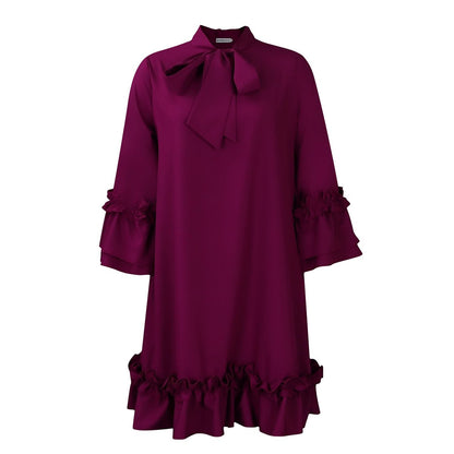 Women's 3/4-Sleeve Tunic Dress with Ruffle Bow Neckline