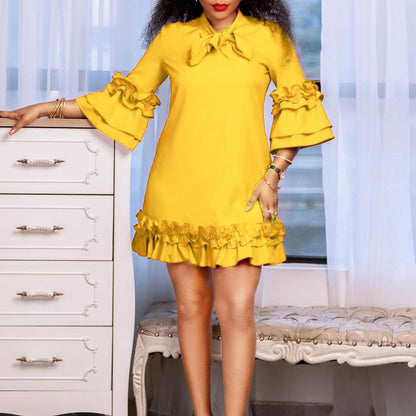 Women's 3/4-Sleeve Tunic Dress with Ruffle Bow Neckline