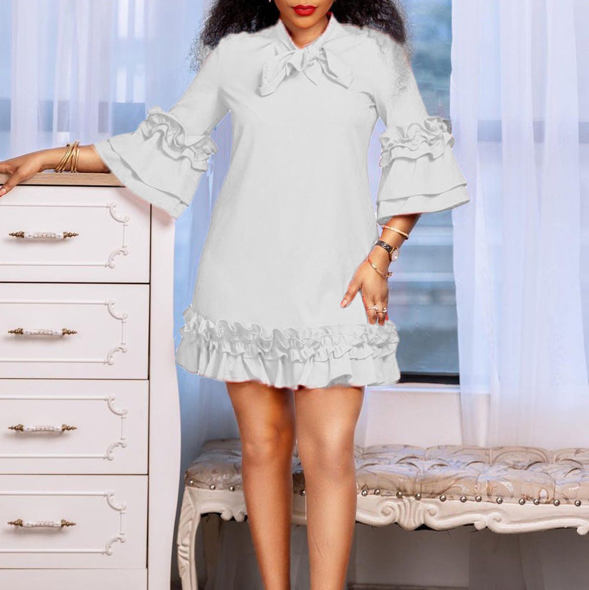 Women's 3/4-Sleeve Tunic Dress with Ruffle Bow Neckline