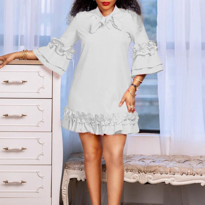 Women's 3/4-Sleeve Tunic Dress with Ruffle Bow Neckline