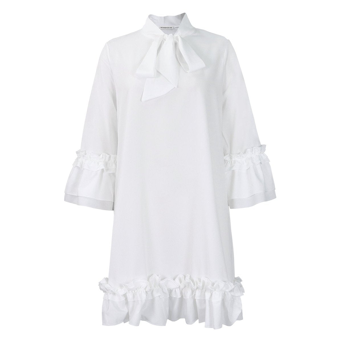 Women's 3/4-Sleeve Tunic Dress with Ruffle Bow Neckline