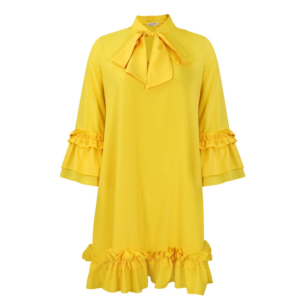Women's 3/4-Sleeve Tunic Dress with Ruffle Bow Neckline