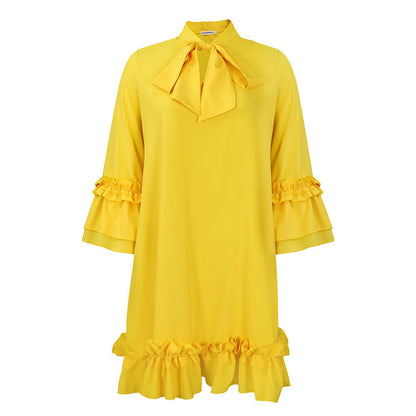 Women's 3/4-Sleeve Tunic Dress with Ruffle Bow Neckline