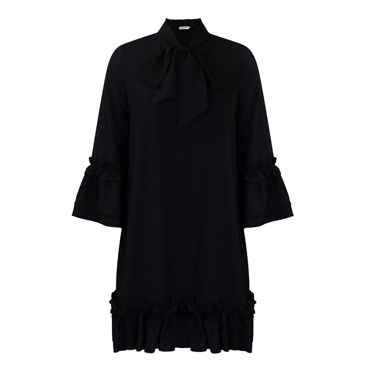 Women's 3/4-Sleeve Tunic Dress with Ruffle Bow Neckline