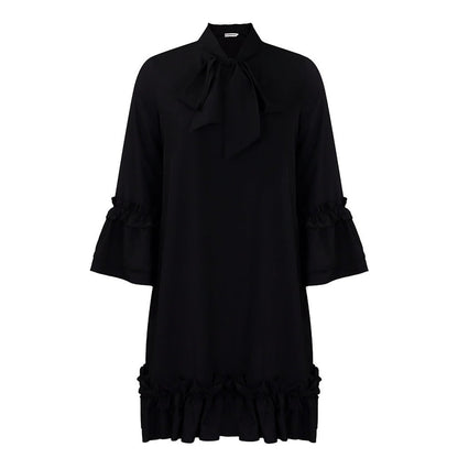 Women's 3/4-Sleeve Tunic Dress with Ruffle Bow Neckline