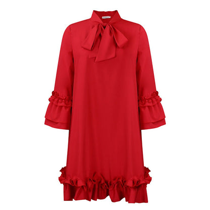 Women's 3/4-Sleeve Tunic Dress with Ruffle Bow Neckline