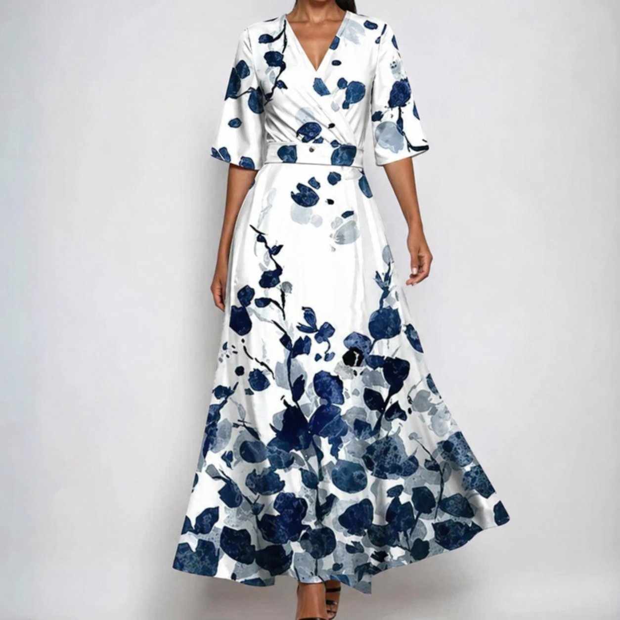 Women's Belted Floral Satin Wrap Maxi Dress with V-Neck