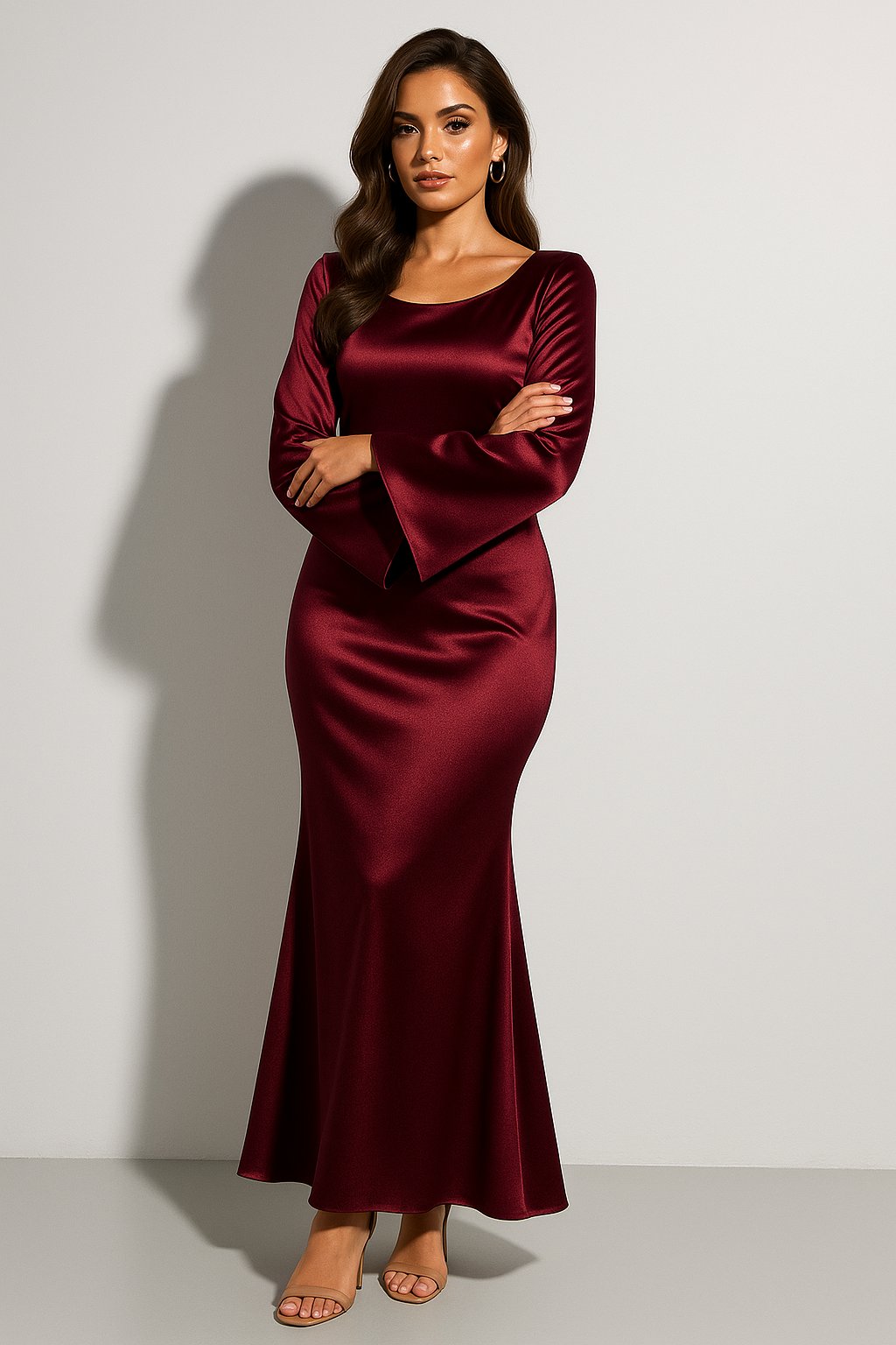 Women's Scoop Neck Long-Sleeve Mermaid Satin Maxi Dress
