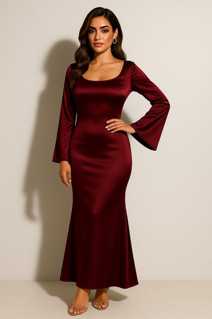 Women's Scoop Neck Long-Sleeve Mermaid Satin Maxi Dress
