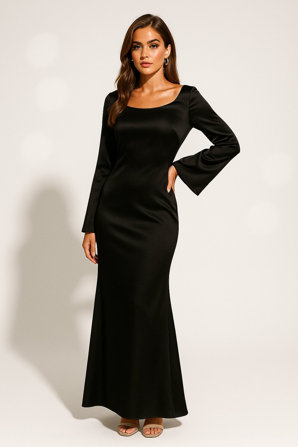 Women's Scoop Neck Long-Sleeve Mermaid Satin Maxi Dress