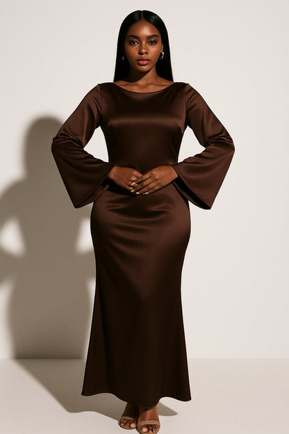 Women's Scoop Neck Long-Sleeve Mermaid Satin Maxi Dress