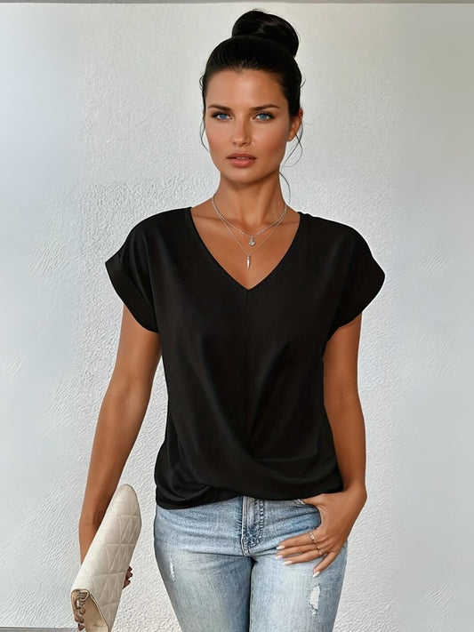 Women's Short-Sleeve Twist-Front Satin V-Neck Top