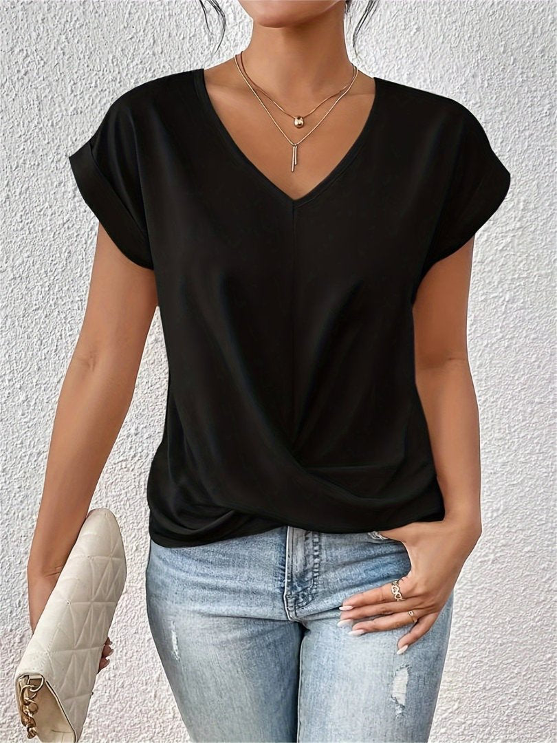 Women's Short-Sleeve Twist-Front Satin V-Neck Top