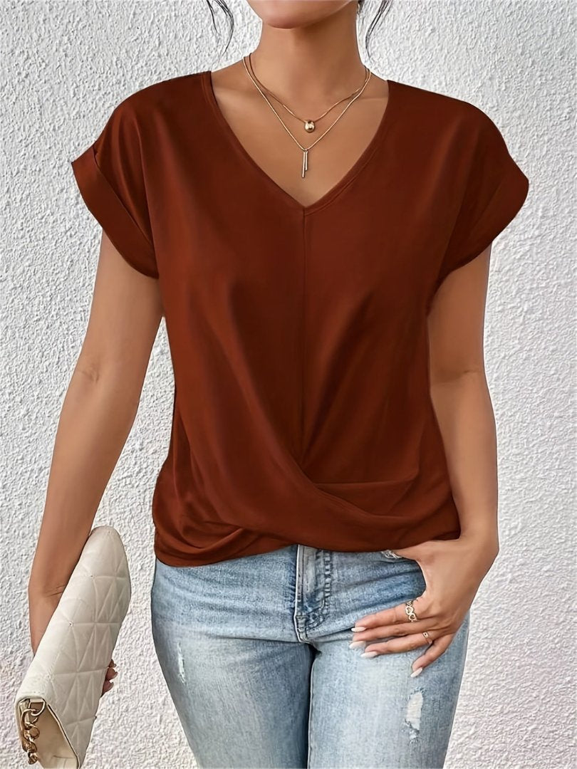 Women's Short-Sleeve Twist-Front Satin V-Neck Top