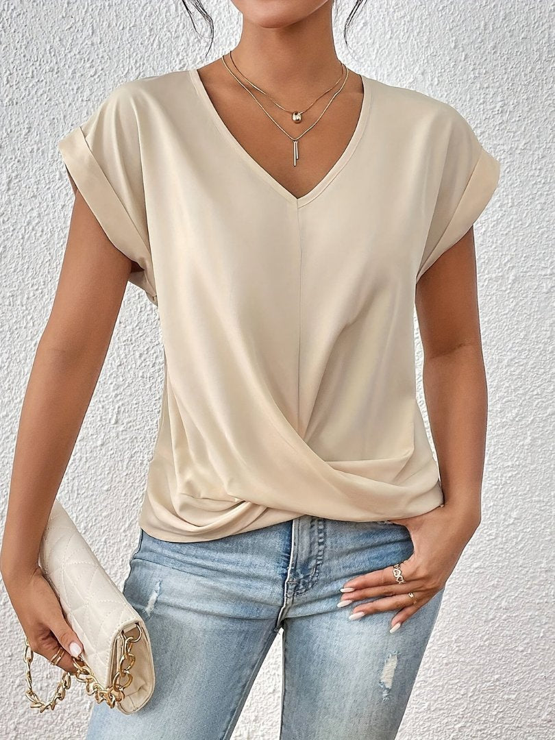 Women's Short-Sleeve Twist-Front Satin V-Neck Top