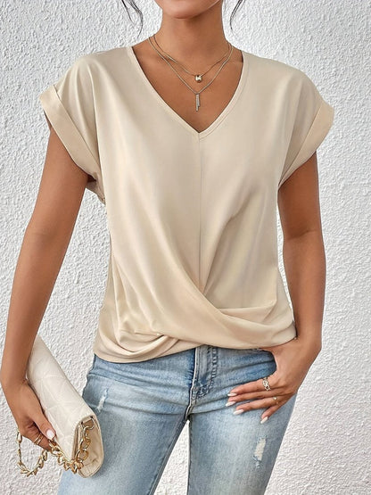 Women's Short-Sleeve Twist-Front Satin V-Neck Top