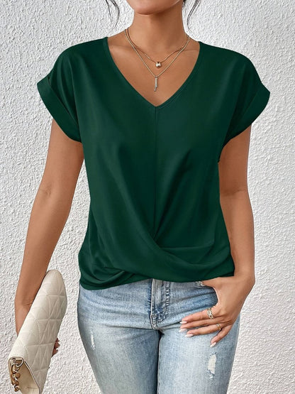 Women's Short-Sleeve Twist-Front Satin V-Neck Top