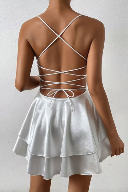 Women's Backless V-Neck Satin Mini Skater Cocktail Dress