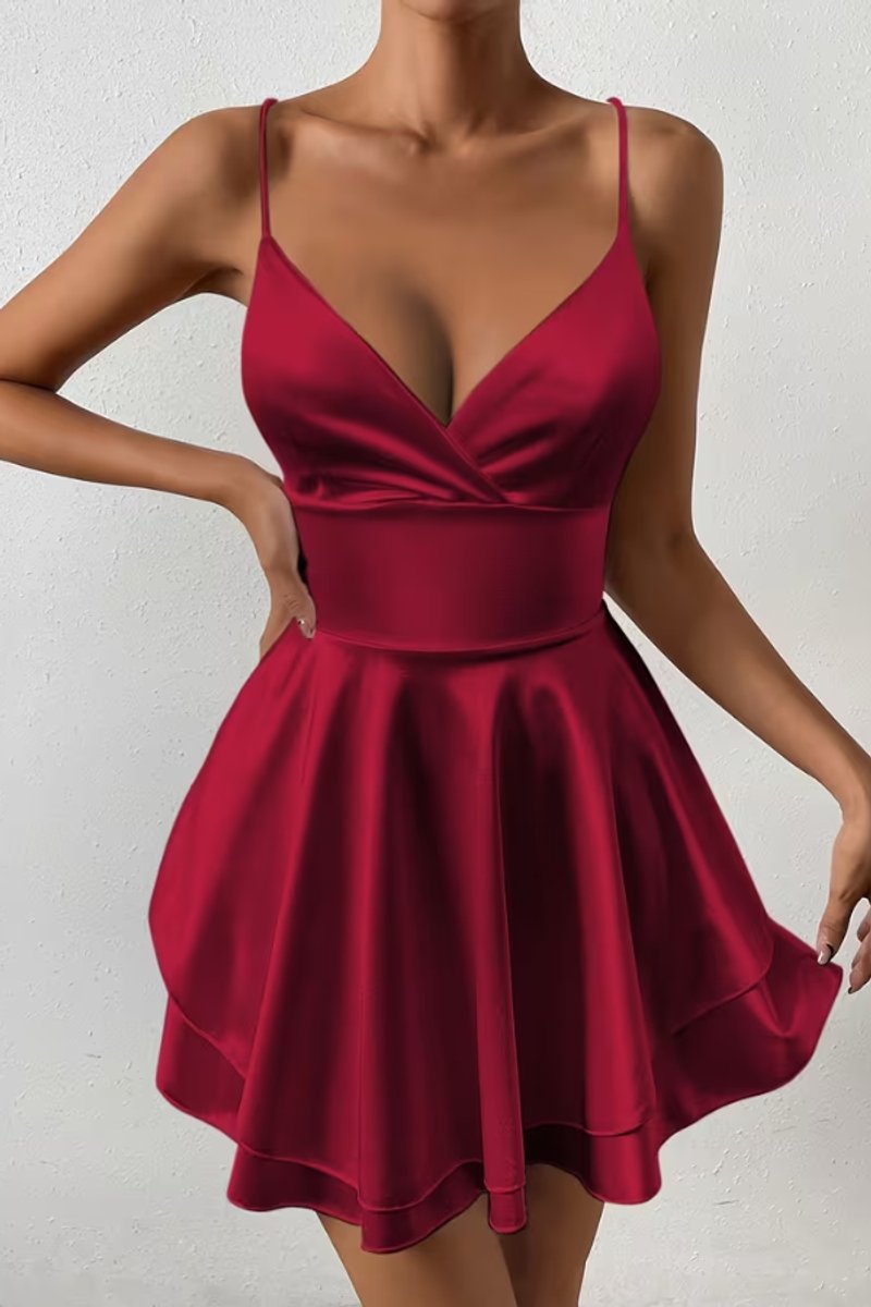 Women's Backless V-Neck Satin Mini Skater Cocktail Dress
