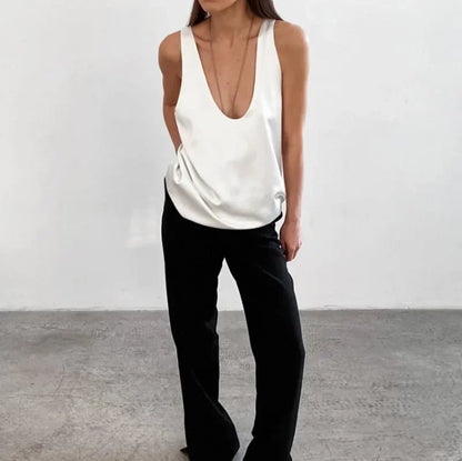 Women's Deep Scoop-Neck Relaxed-Fit Satin Tank Top