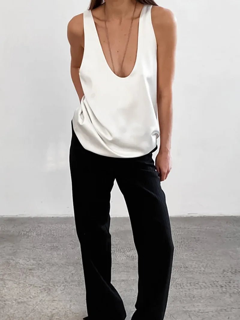 Women's Deep Scoop-Neck Relaxed-Fit Satin Tank Top