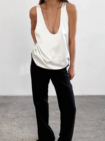 Women's Deep Scoop-Neck Relaxed-Fit Satin Tank Top