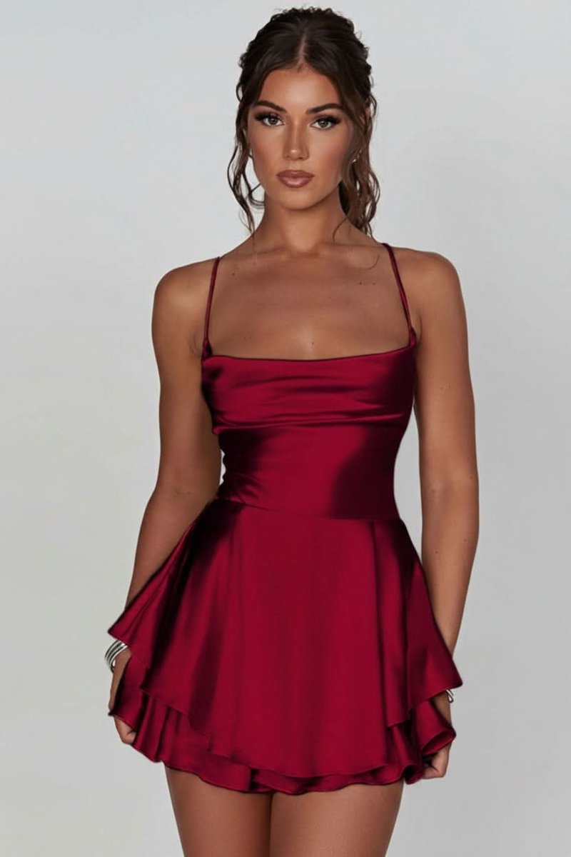 Women's Square-Neck Satin Cocktail Dress with Tiered Ruffle Skirt
