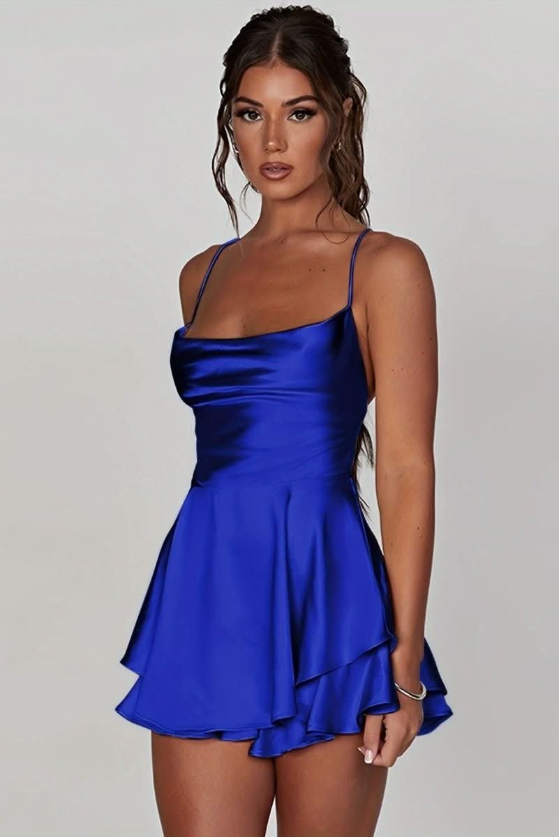 Women's Square-Neck Satin Cocktail Dress with Tiered Ruffle Skirt