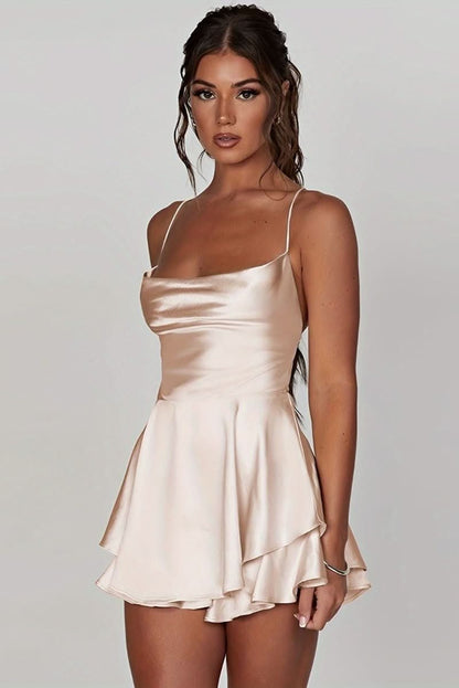 Women's Square-Neck Satin Cocktail Dress with Tiered Ruffle Skirt
