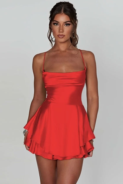 Women's Square-Neck Satin Cocktail Dress with Tiered Ruffle Skirt