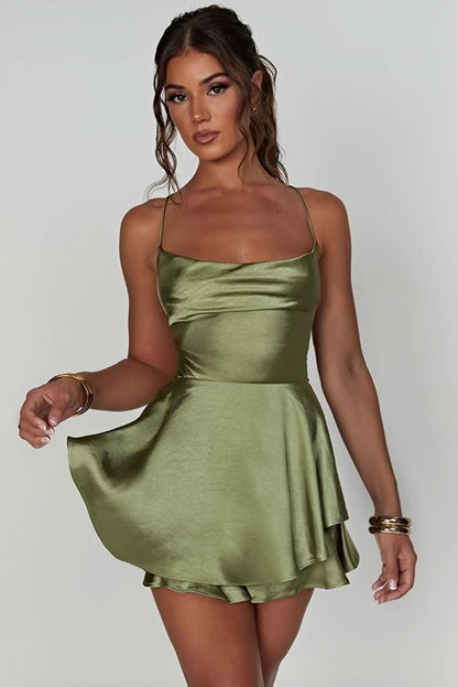 Women's Square-Neck Satin Cocktail Dress with Tiered Ruffle Skirt